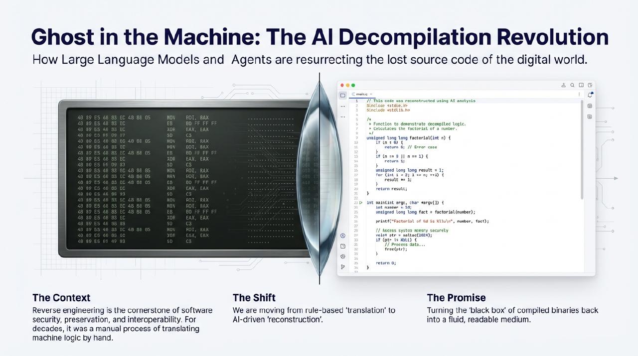 An AI decompiler loop: a planner, C-code workers, and a judge that recompiles and checks the binary matches
