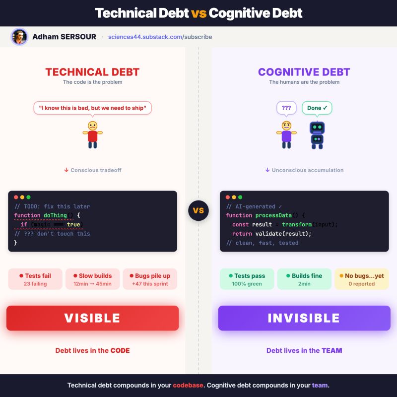 Technical debt vs cognitive debt: visible failing tests versus invisible loss of team understanding