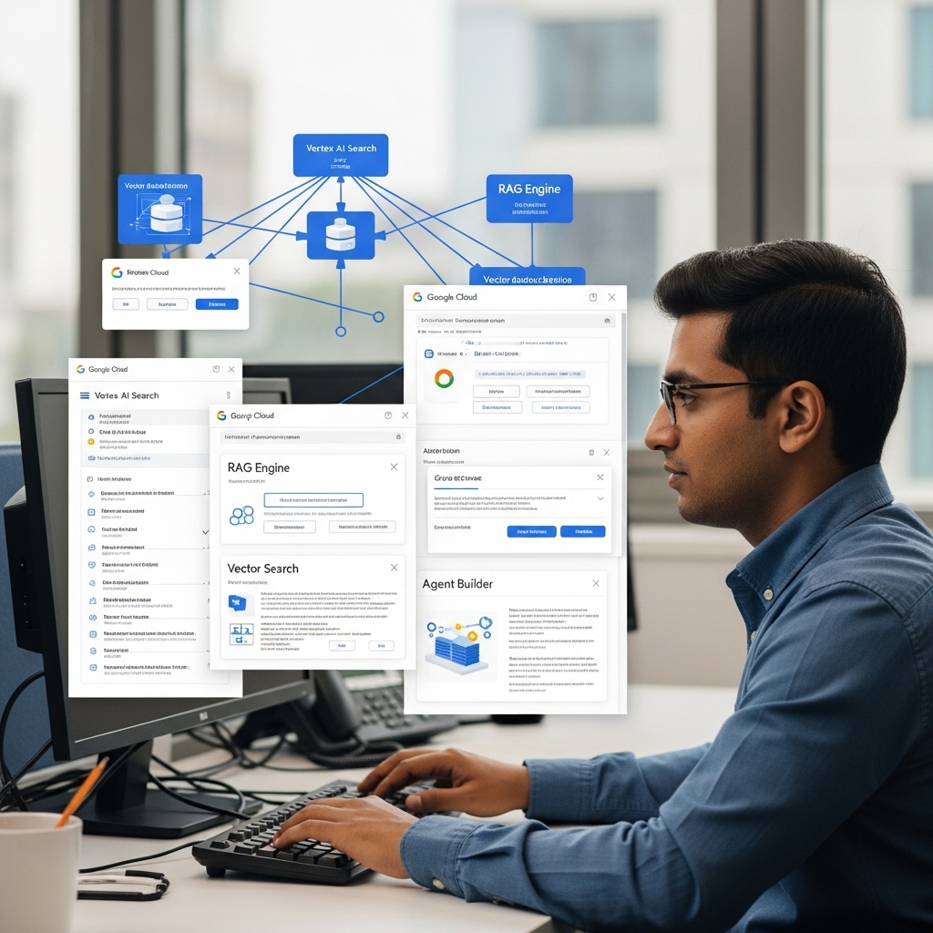 Isometric illustration: Arjun at workstation with Google Cloud vector database services, network diagram, and data streams. Modern, professional, calming blues and greens, accent purples for AI elements. Conveys choice paralysis and systematic decision-making.